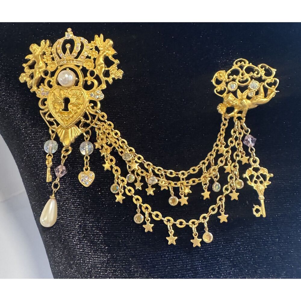 Vintage Kirks Folly Gold-Tone Crown Heart Lock & Key Double Brooch Pin